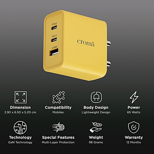 Croma 65W Type A & Type C 3-Port GaN Charger (Type C to Type C, Multi Layer Protection, Yellow) - Image 2