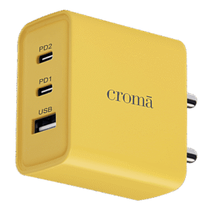 Croma 65W Type A & Type C 3-Port GaN Charger (Type C to Type C, Multi Layer Protection, Yellow)